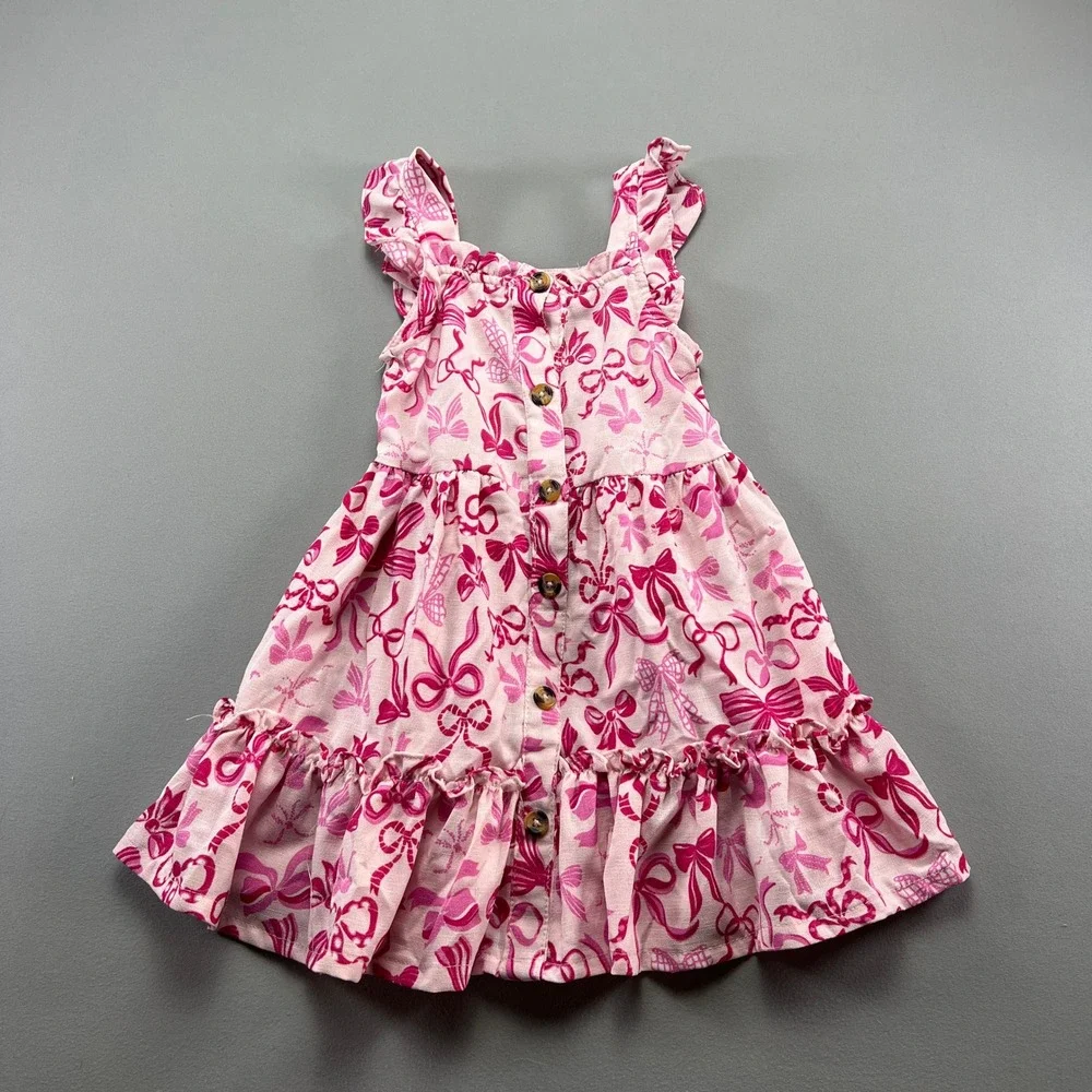 Nannette A Line Dress Girls 5 Pink All Over Bow Print Ruffle Shoulder Straps